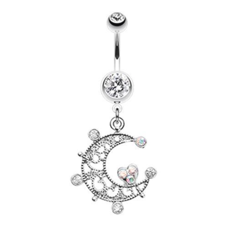 Clear Elegant Sparkle Moon Dangle Belly Ring 14G (1.6mm) Length: 3/8″ (10mm)