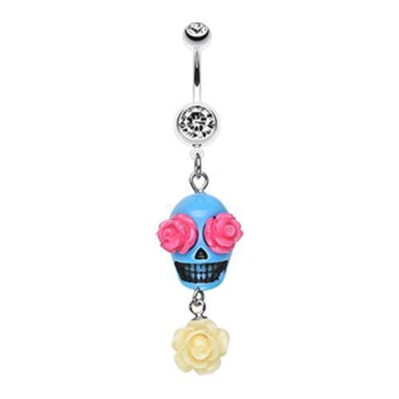 Clear Florid Sugar Skull Dangle Belly Ring 14G (1.6mm) Length: 3/8″ (10mm)