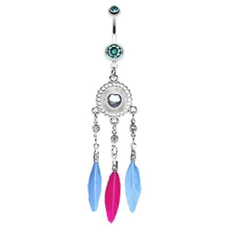 Teal Stylish Heart Crystal Dream Catcher Dangle Belly Ring 14G (1.6mm) Length: 3/8″ (10mm)