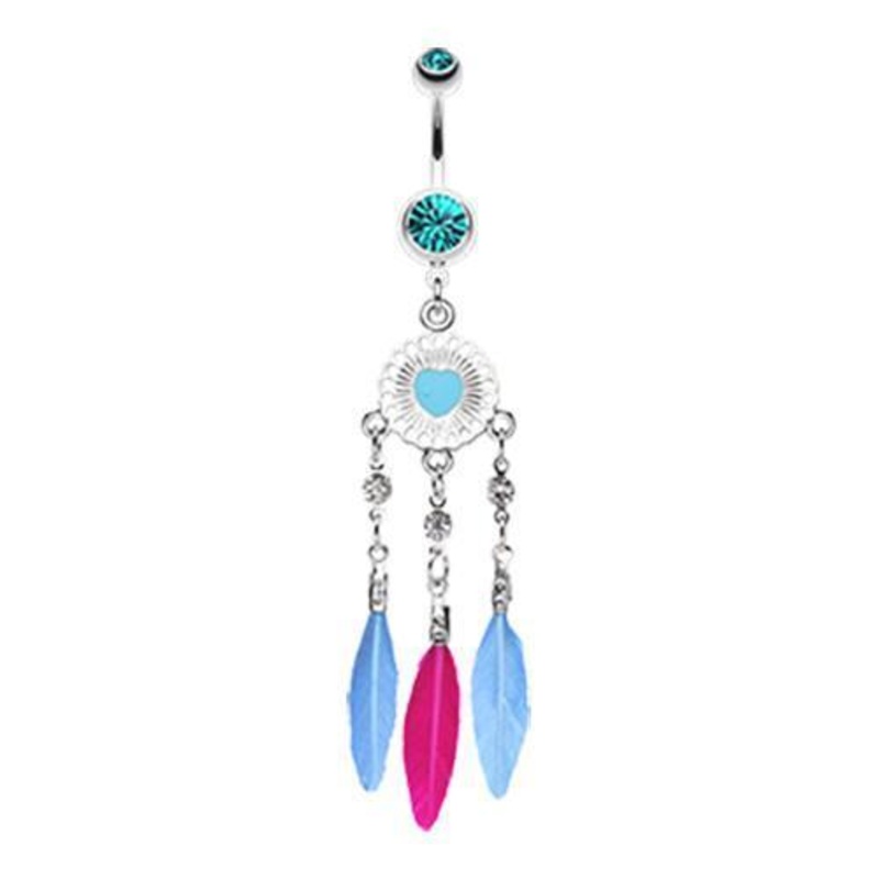 Teal Stylish Heart Dream Catcher Dangle Belly Ring 14G (1.6mm) Length: 3/8″ (10mm)