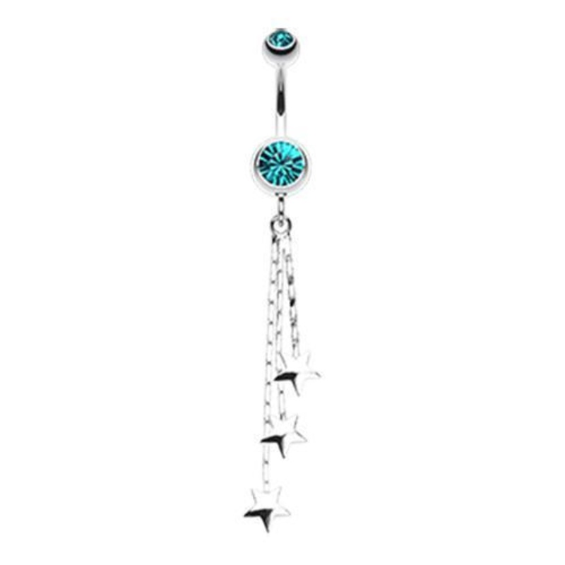 Teal Triple Falling Star Dangle Belly Ring 14G (1.6mm) Length: 3/8″ (10mm)