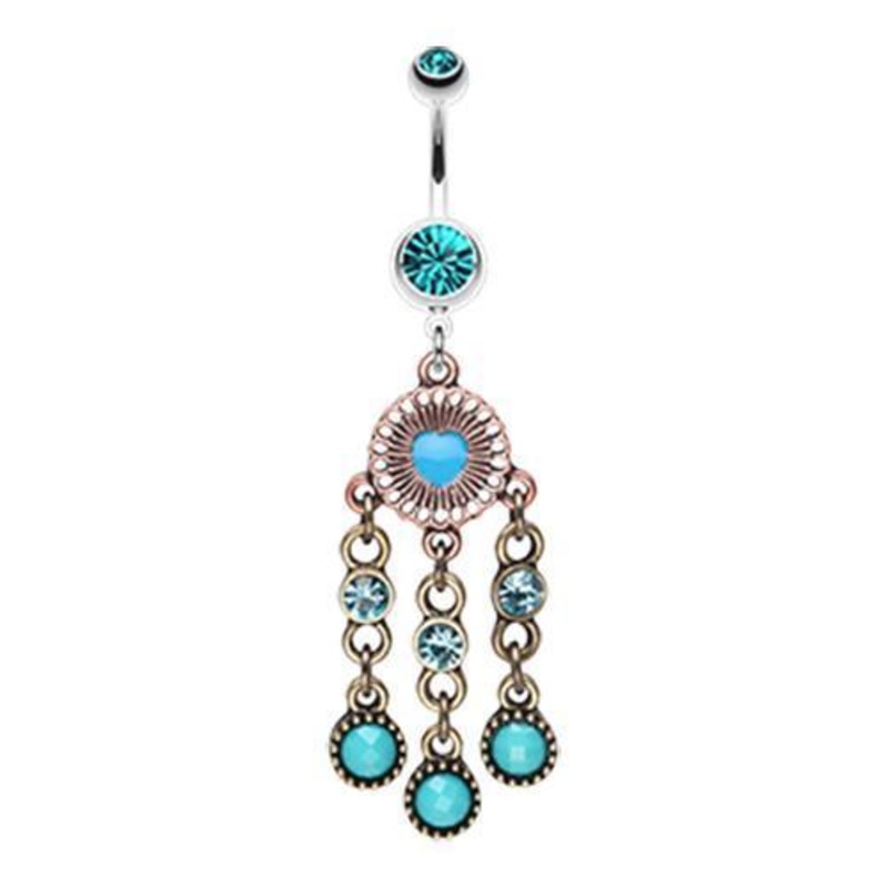 Teal Vintage Heart Shield Turquoise Dangle Belly Ring 14G (1.6mm) Length: 3/8″ (10mm)