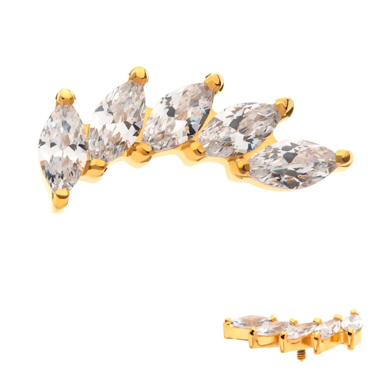 24Kt Gold PVD Titanium Internally Threaded Prong Set Marquise 5 Gem Curved Fan Cartilage Replacement Top – 1 Piece . Top: 12.4mm (L) x 5.5mm (W) x 2.2mm (H) |5pcs Gem Clear