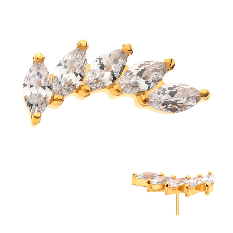 24Kt Gold PVD Titanium Threadless Prong Set Marquise 5 Gem Curved Fan Labret Cartilage Replacement Top – 1 Piece . Top: 12.4mm (L) x 5.5mm (W) x 2.2mm (H) |5pcs Gem Clear