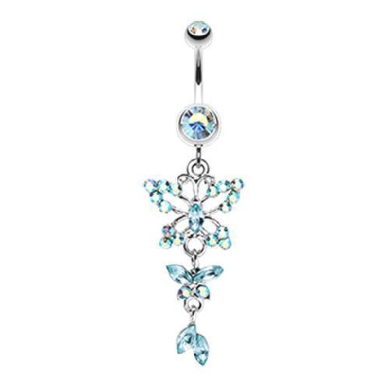 Aqua/Aurora Borealis Glam Butterfly Fall Fancy Dangle Belly Ring 14G (1.6mm) Length: 3/8″ (10mm)