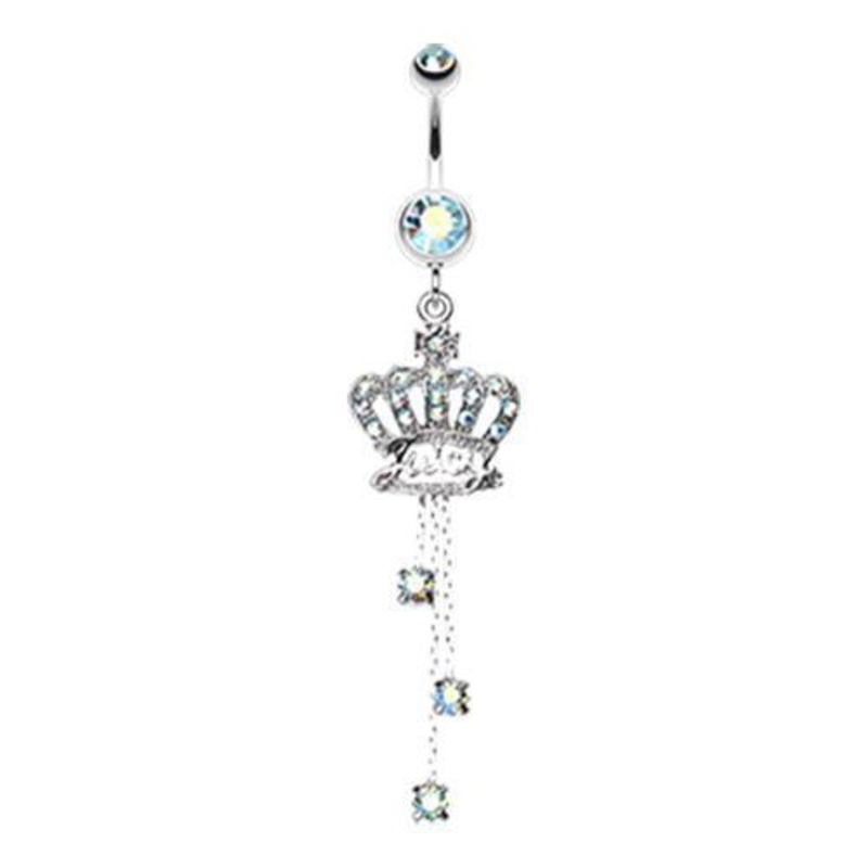 Aqua/Aurora Borealis Royal Crown Sparkle Dangle Belly Ring 14G (1.6mm) Length: 3/8″ (10mm)