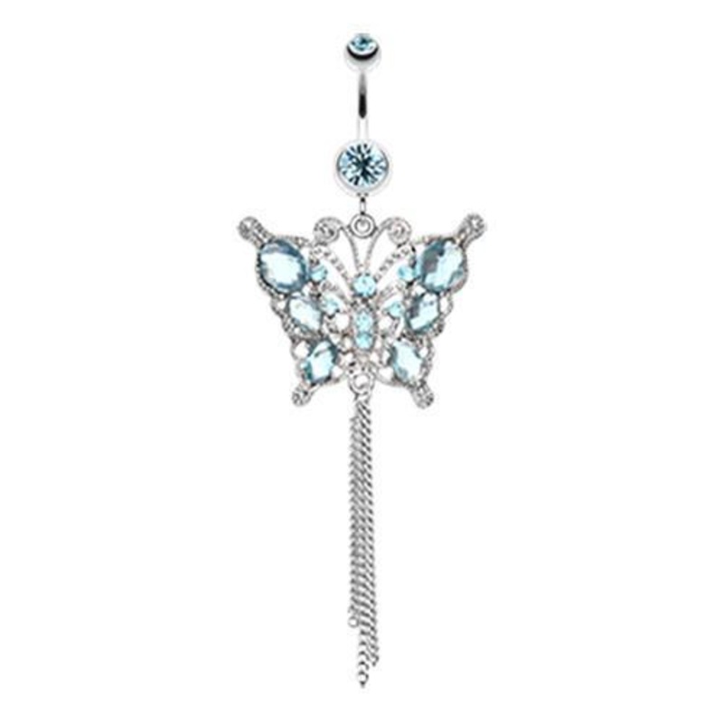 Aqua Gemmed Butterfly Dangle Belly Ring 14G (1.6mm) Length: 3/8″ (10mm)