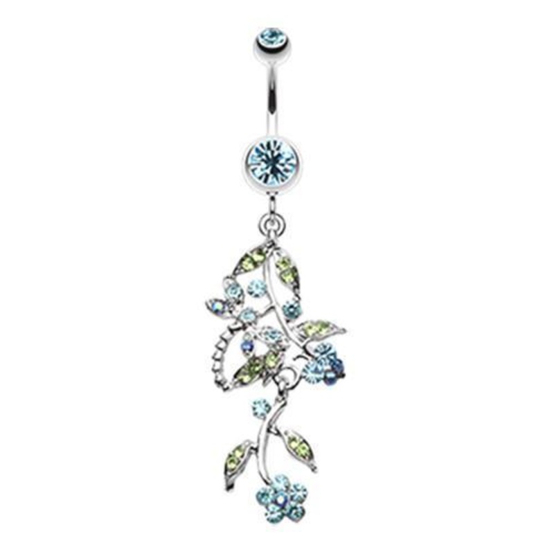 Aqua Romantic Vines Flowers Dangle Belly Rings 14G (1.6mm) Length: 3/8″ (10mm)