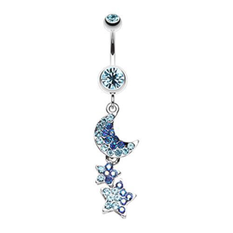 Aqua Star Moon Lit Sky Dangle Belly Ring 14G (1.6mm) Length: 3/8″ (10mm)
