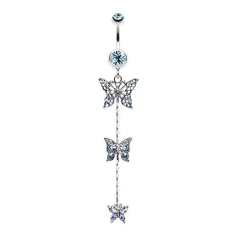 Aqua Triple Butterfly Sparkle Dangle Belly Ring 14G (1.6mm) Length: 3/8″ (10mm)