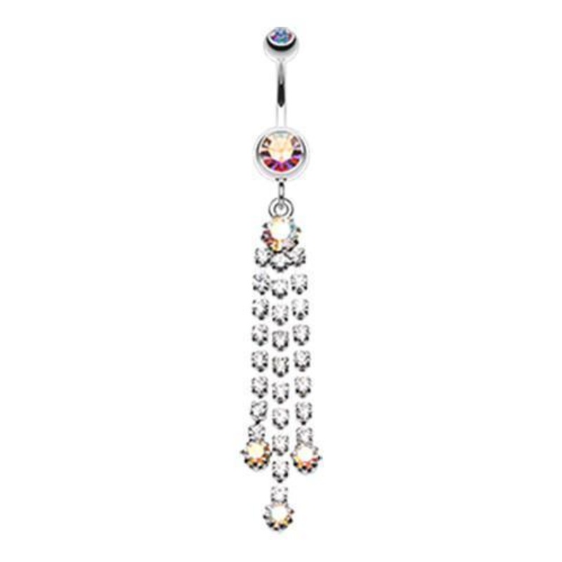 Aurora Borealis Cascading Sparkle Dangle Belly Ring 14G (1.6mm) Length: 3/8″ (10mm)