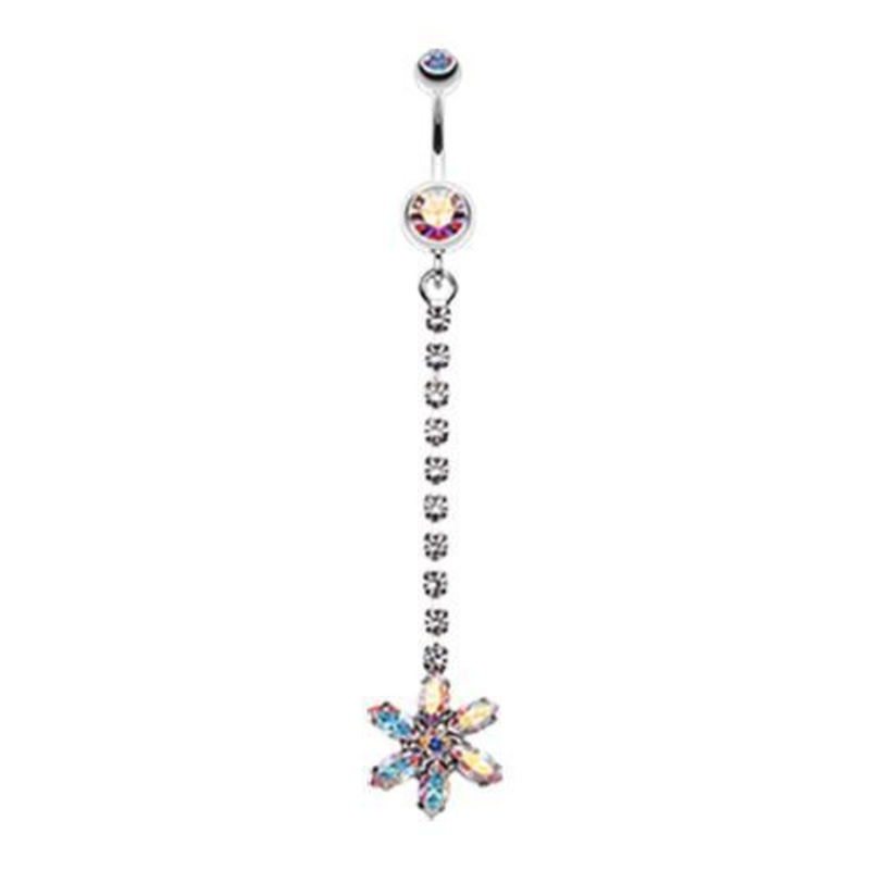Aurora Borealis Flower Journey Gem Sparkle Dangle Belly Ring 14G (1.6mm) Length: 3/8″ (10mm)