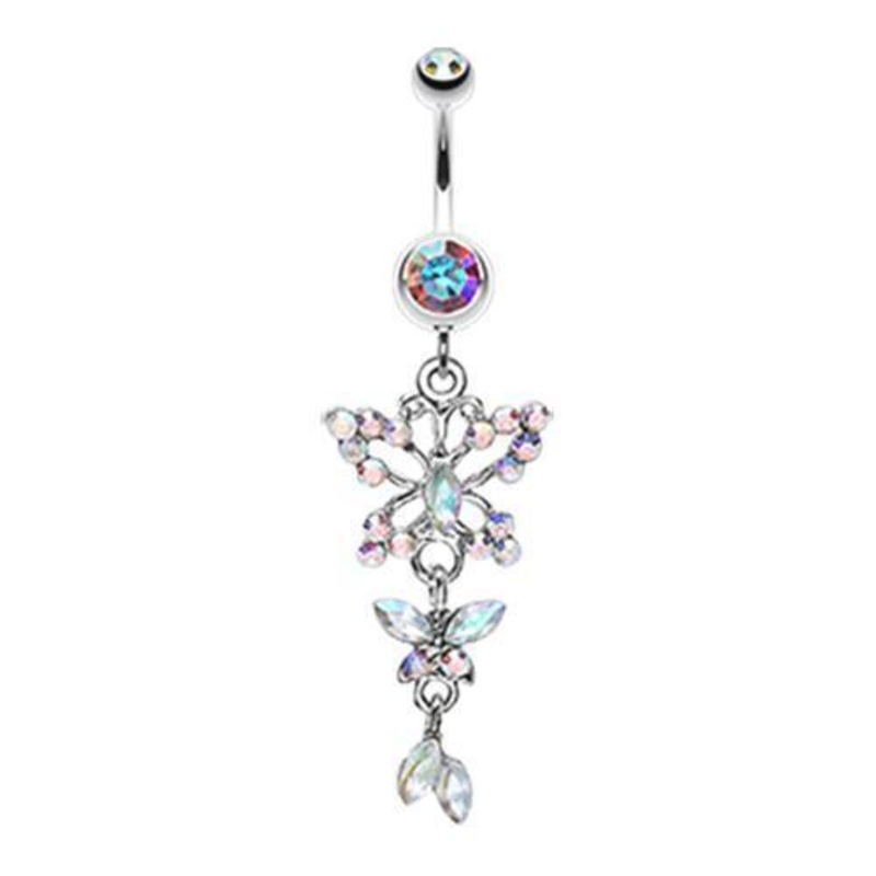 Aurora Borealis Glam Butterfly Fall Fancy Dangle Belly Ring 14G (1.6mm) Length: 3/8″ (10mm)
