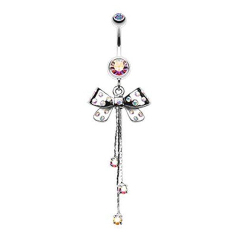 Aurora Borealis Glistening Polka Dots Bow-Tie Dangle Belly Ring 14G (1.6mm) Length: 3/8″ (10mm)
