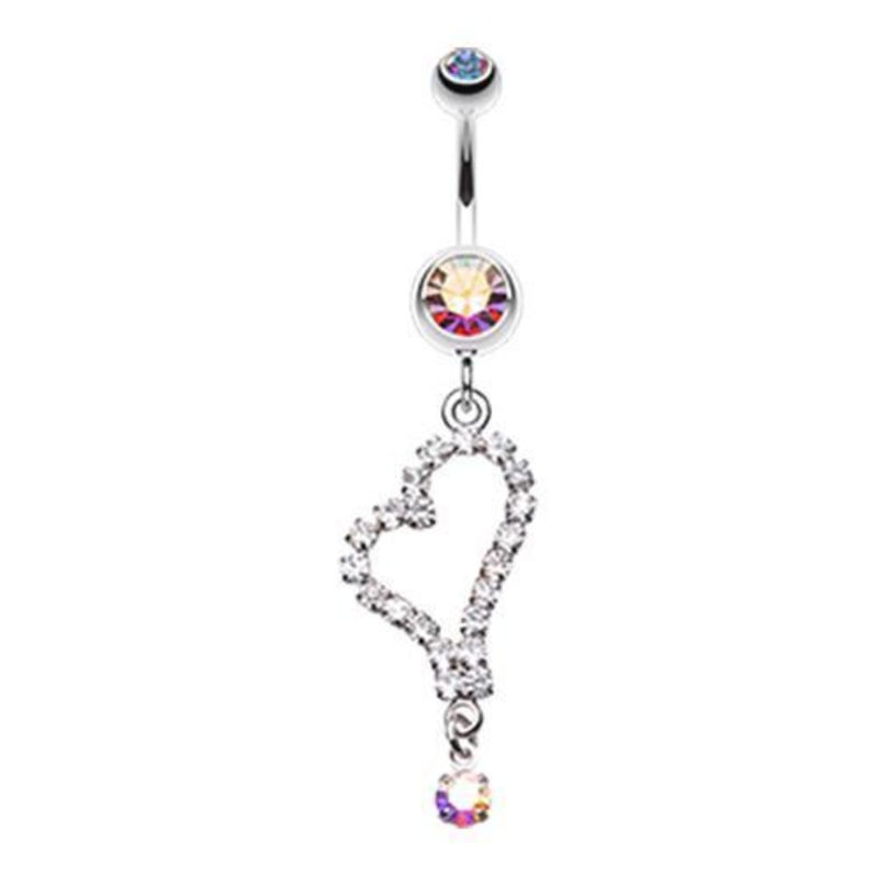 Aurora Borealis Romantic Curved Heart Dangle Belly Ring 14G (1.6mm) Length: 3/8″ (10mm)