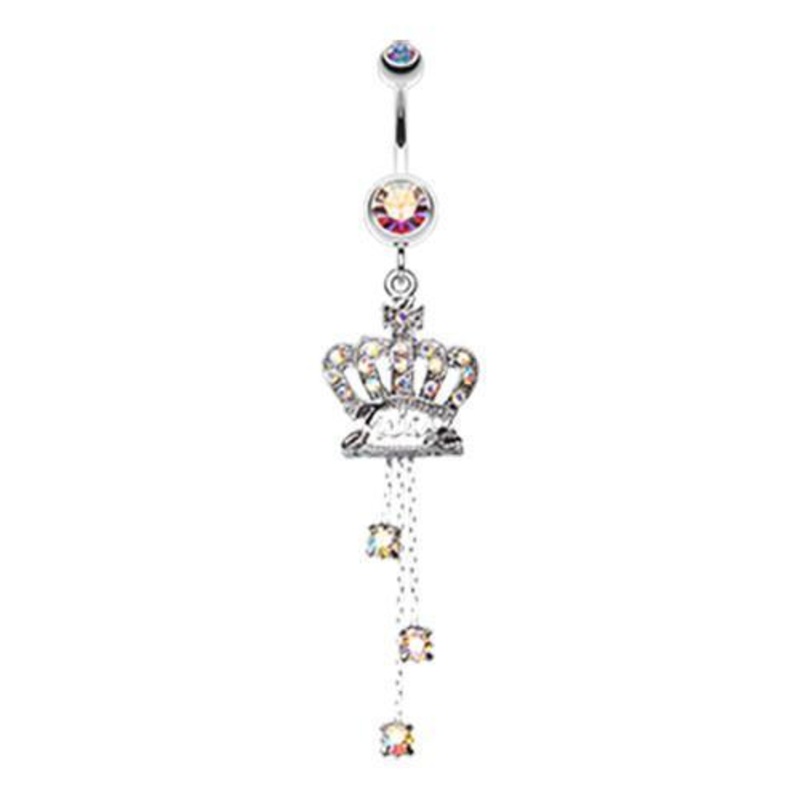 Aurora Borealis Royal Crown Sparkle Dangle Belly Ring 14G (1.6mm) Length: 3/8″ (10mm)