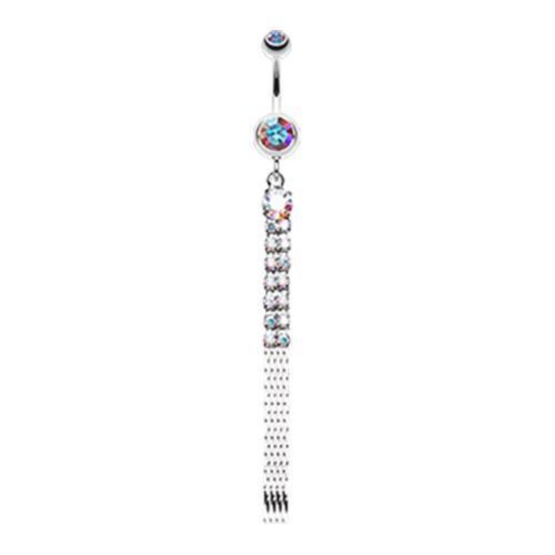 Aurora Borealis Sparkling Gem Chain Tassel Dangle Belly Ring 14G (1.6mm) Length: 3/8″ (10mm)
