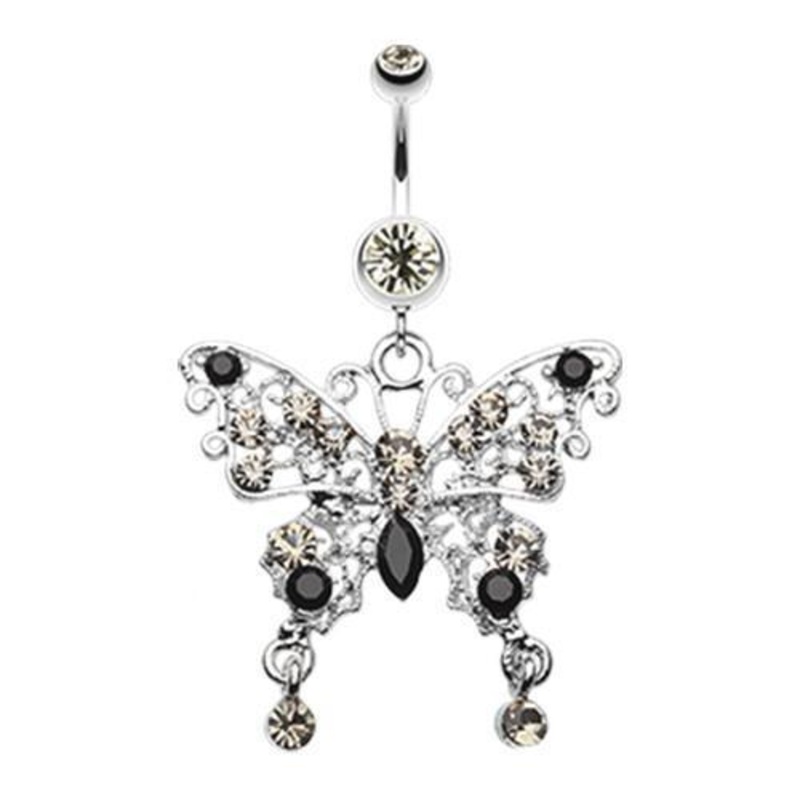 Black Diamond/Black Fancy Gem Butterfly Dangle Belly Ring 14G (1.6mm) Length: 3/8″ (10mm)