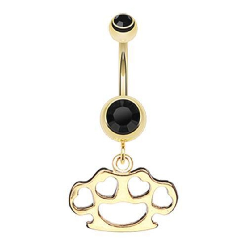 Black Golden Heart Brass Knuckle Dangle Belly Ring 14G (1.6mm) Length: 3/8″ (10mm)