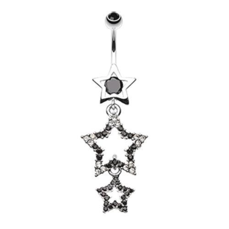 Black Sparkiling Triple Star Bell Button Ring 14G (1.6mm) Length: 3/8″ (10mm)
