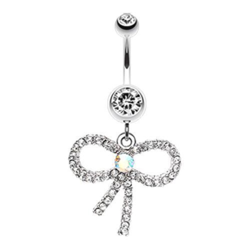 Clear Bedazzle Bow-Tie Ribbon Dangle Belly Ring 14G (1.6mm) Length: 3/8″ (10mm)
