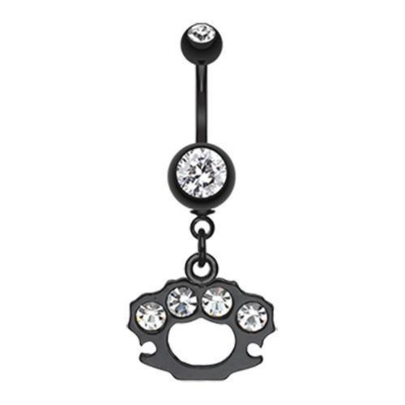 Clear Black Brass Knuckle Sparkle Dangle Belly Ring 14G (1.6mm) Length: 3/8″ (10mm)