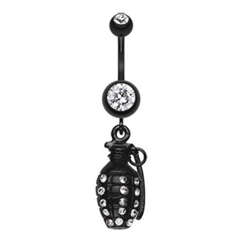 Clear Black Hand Grenade Sparkle Dangle Belly Ring 14G (1.6mm) Length: 3/8″ (10mm)