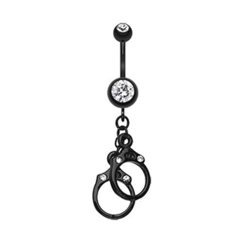 Clear Black Handcuff Sparkle Dangle Belly Ring 14G (1.6mm) Length: 3/8″ (10mm)