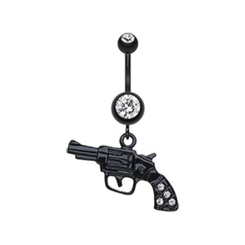 Clear Black Pistol Gun Sparkle Dangle Belly Ring 14G (1.6mm) Length: 3/8″ (10mm)