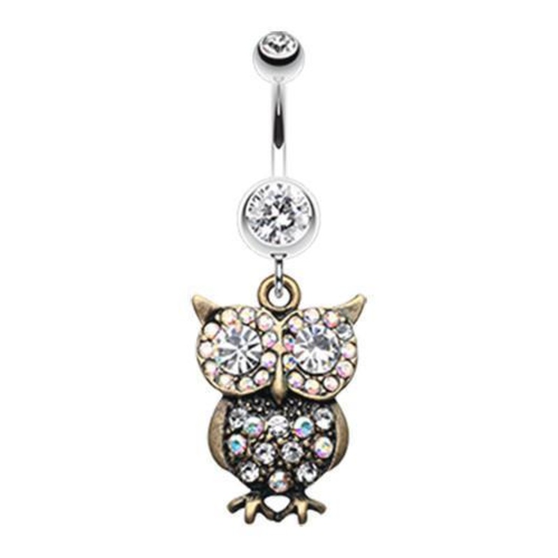 Clear Bronze Owl Sparkle Dangle Belly Ring 14G (1.6mm) Length: 3/8″ (10mm)