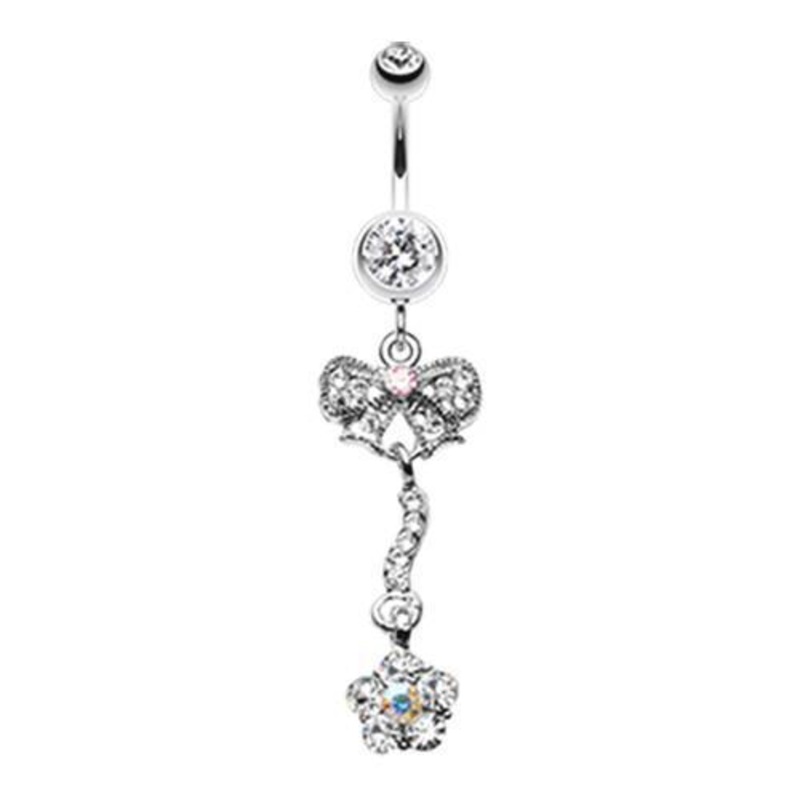 Clear Classy Bow-Tie and Flower Dangle Belly Ring 14G (1.6mm) Length: 3/8″ (10mm)
