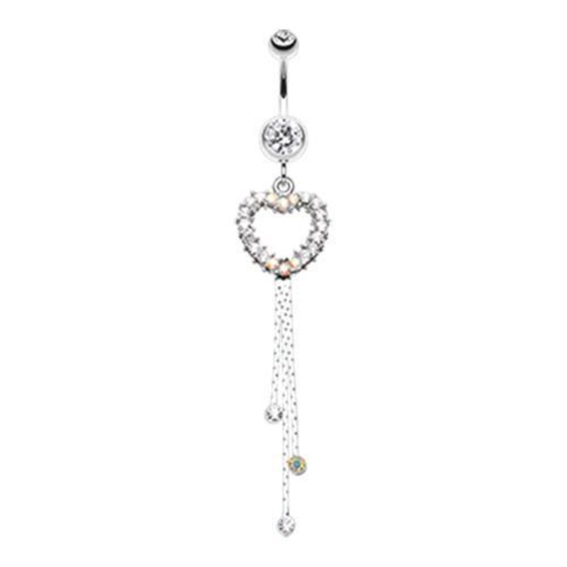 Clear Classy Heart Cascading Dangle Belly Ring 14G (1.6mm) Length: 3/8″ (10mm)