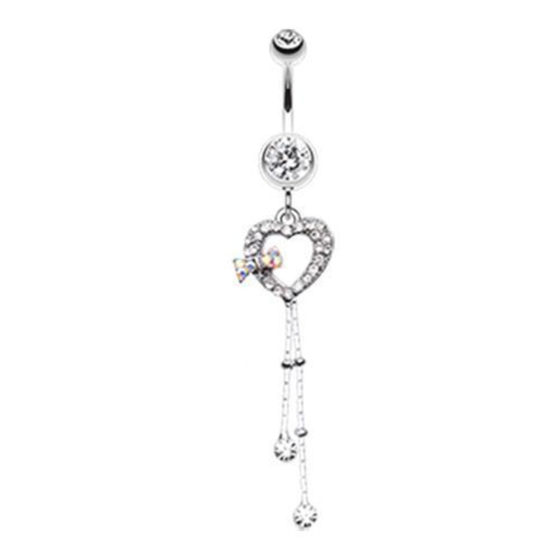 Clear Dainty Bow-Tie Accented Heart Dangle Belly Ring 14G (1.6mm) Length: 3/8″ (10mm)