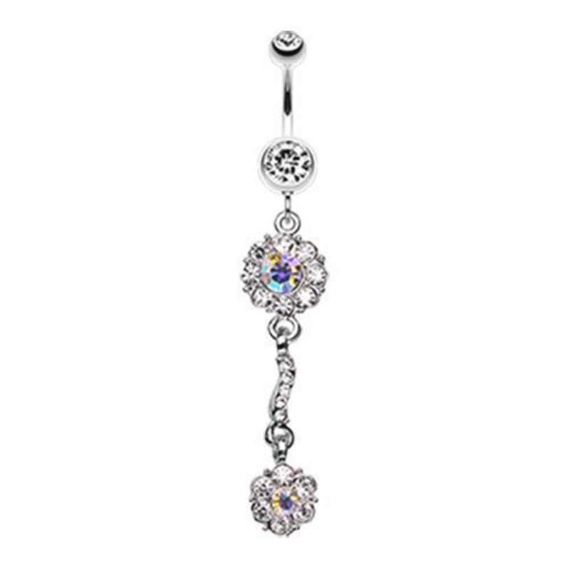 Clear Dazzling Flower Blossom Dangle Belly Ring 14G (1.6mm) Length: 3/8″ (10mm)