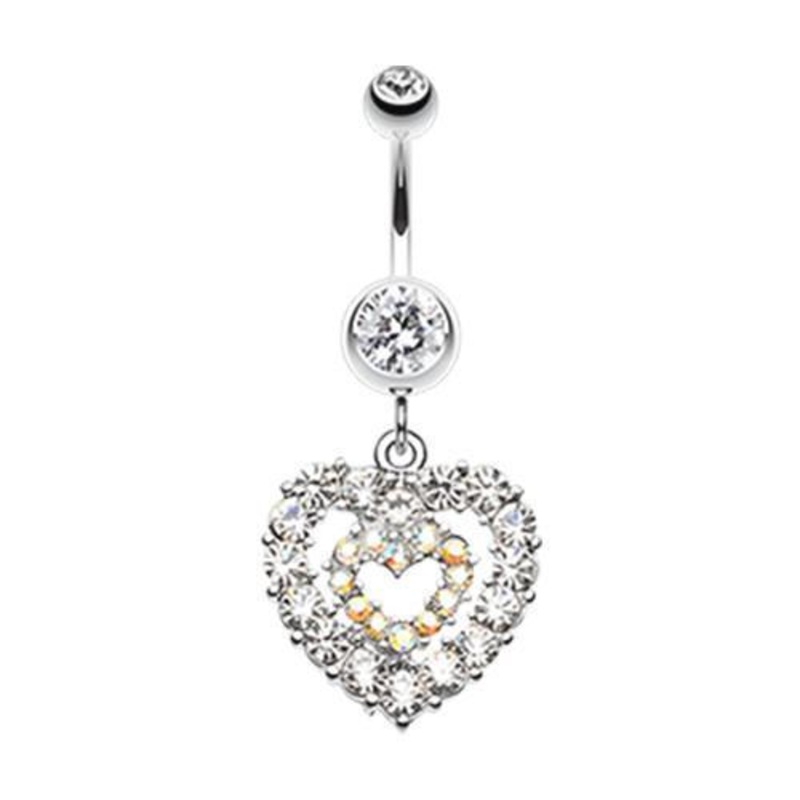 Clear Double Layered Sparkling Heart Dangle Belly Ring 14G (1.6mm) Length: 3/8″ (10mm)