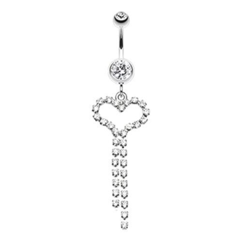 Clear Gem Encrested Heart Dangle Belly Ring 14G (1.6mm) Length: 3/8″ (10mm)