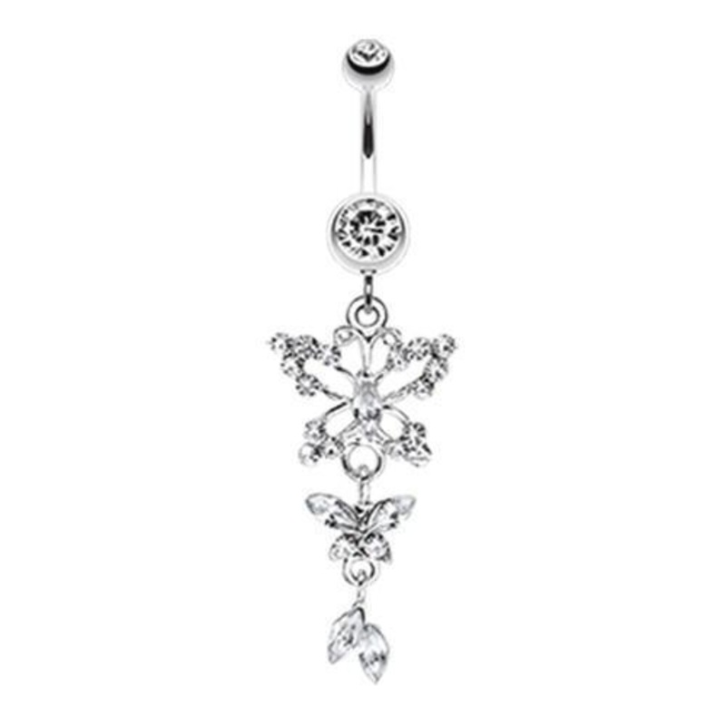 Clear Glam Butterfly Fall Fancy Dangle Belly Ring 14G (1.6mm) Length: 3/8″ (10mm)