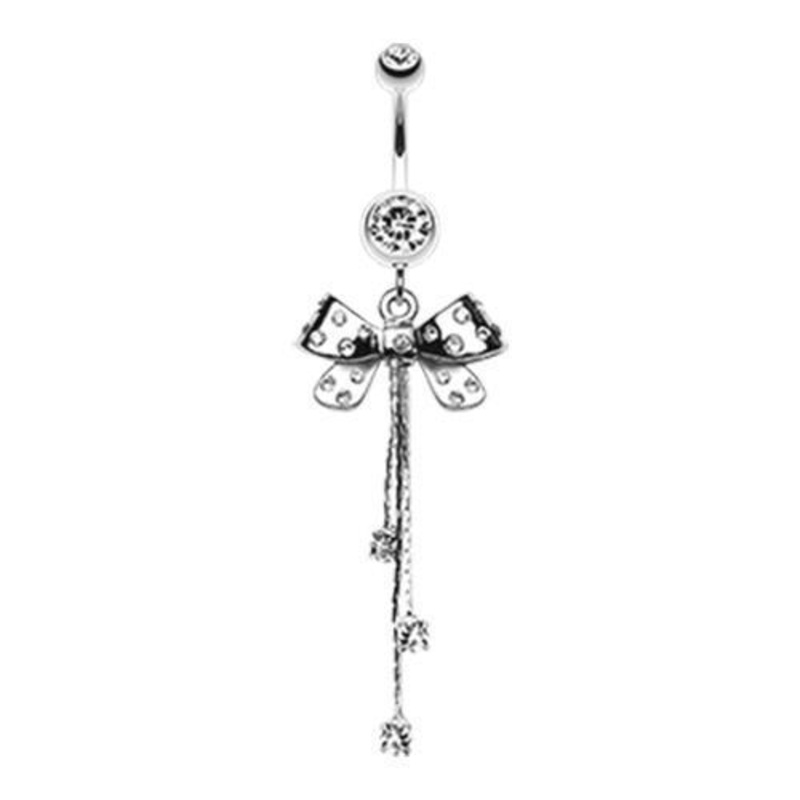 Clear Glistening Polka Dots Bow-Tie Dangle Belly Ring 14G (1.6mm) Length: 3/8″ (10mm)