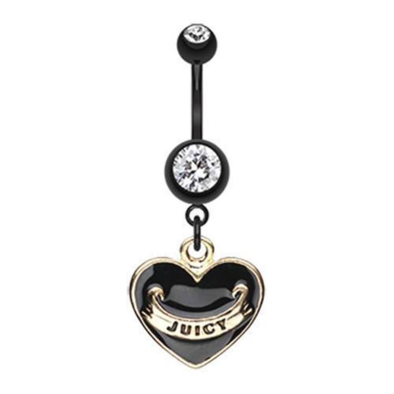 Clear Gold Black Juicy Banner Heart Dangle Belly Ring 14G (1.6mm) Length: 3/8″ (10mm)