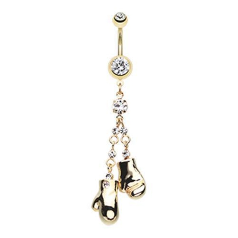 Clear Golden Boxing Gloves Sparkle Dangle Belly Ring 14G (1.6mm) Length: 3/8″ (10mm)