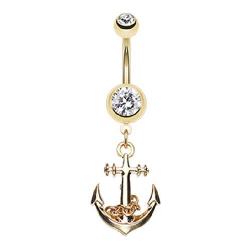 Clear Golden Classic Anchor Dangle Belly Ring 14G (1.6mm) Length: 3/8″ (10mm)