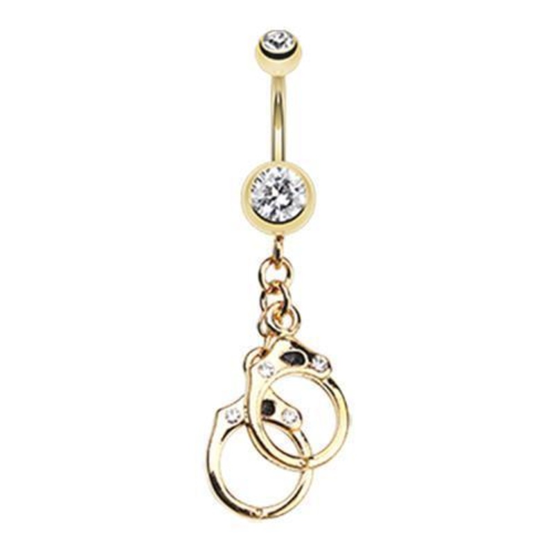 Clear Golden Handcuff Sparkle Dangle Belly Ring 14G (1.6mm) Length: 3/8″ (10mm)