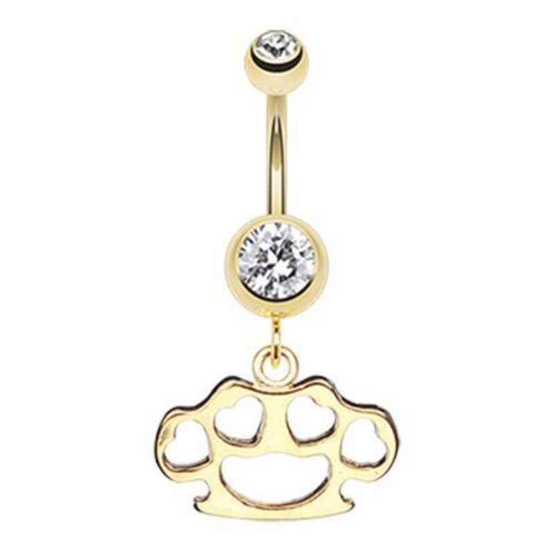 Clear Golden Heart Brass Knuckle Dangle Belly Ring 14G (1.6mm) Length: 3/8″ (10mm)