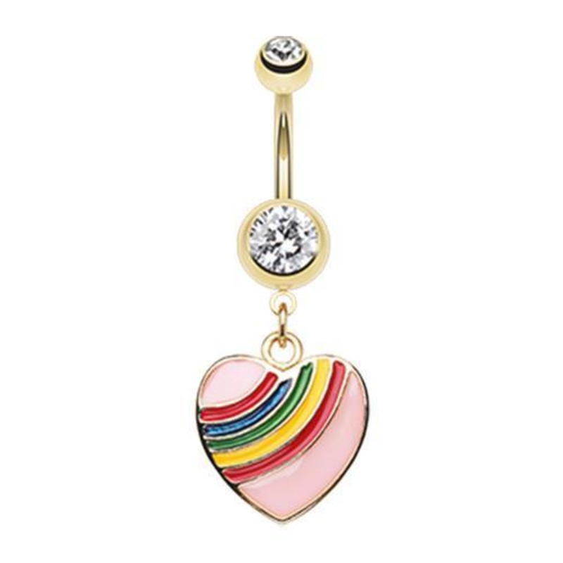 Clear Golden Rainbow Dash Heart Dangle Belly Ring 14G (1.6mm) Length: 3/8″ (10mm)