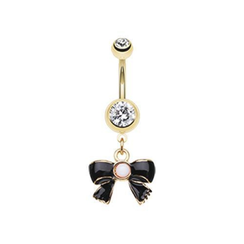 Clear Golden Ribbon Bow Dangle Belly Ring 14G (1.6mm) Length: 3/8″ (10mm)
