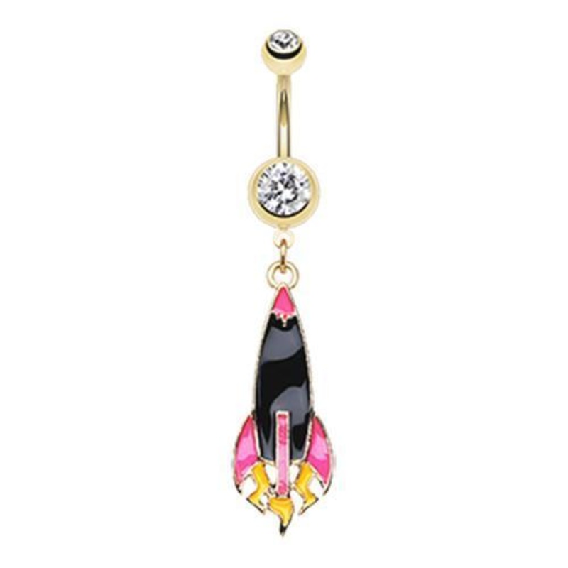 Clear Golden Rocket Ship Dangle Belly Ring 14G (1.6mm) Length: 3/8″ (10mm)