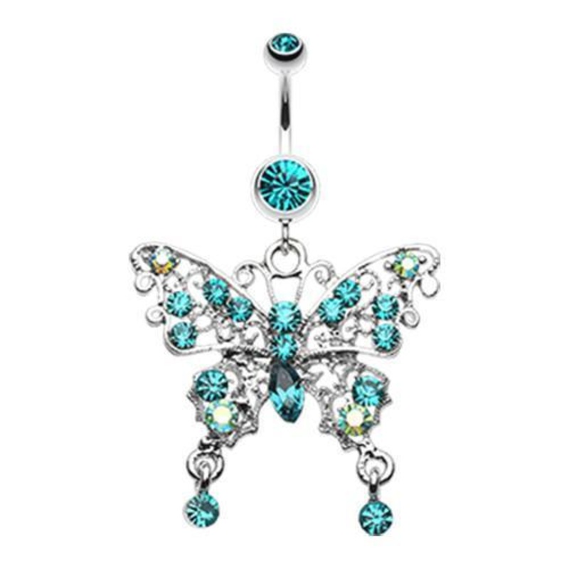 Teal/Aurora Borealis Fancy Gem Butterfly Dangle Belly Ring 14G (1.6mm) Length: 3/8″ (10mm)