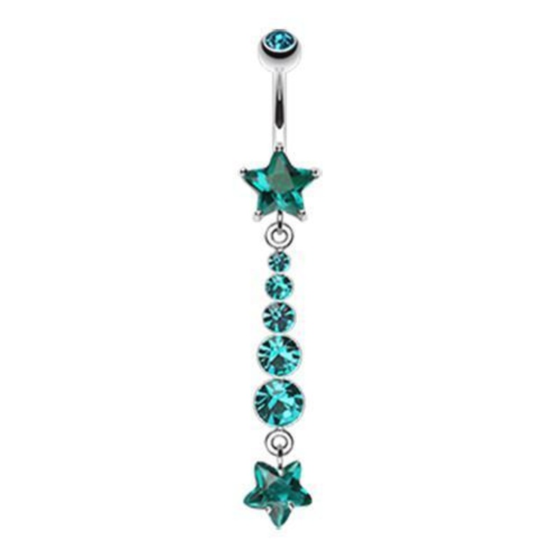 Teal Star Journey Gem Dangle Belly Ring 14G (1.6mm) Length: 3/8″ (10mm)