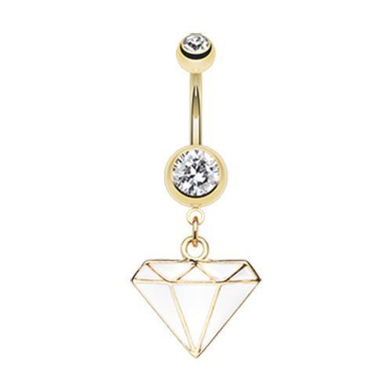 White Golden Diamond Cut Dangle Belly Ring 14G (1.6mm) Length: 3/8″ (10mm)