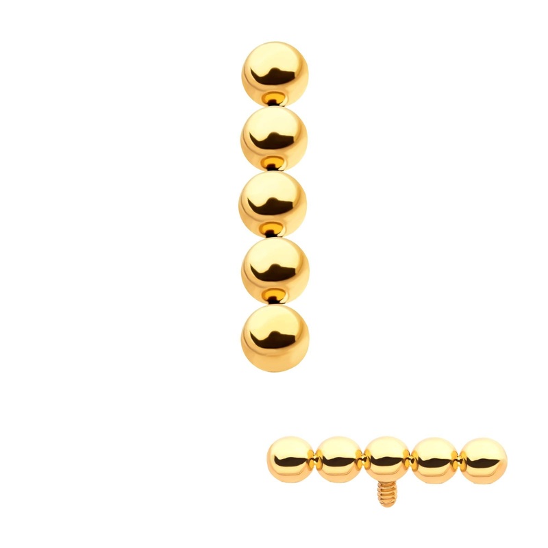 24Kt Gold PVD Titanium Internally Threaded 5-Bead Cluster Cartilage Replacement Top – 1 Piece . Top: 10mm (L) x 2mm (W) x 2mm (H)